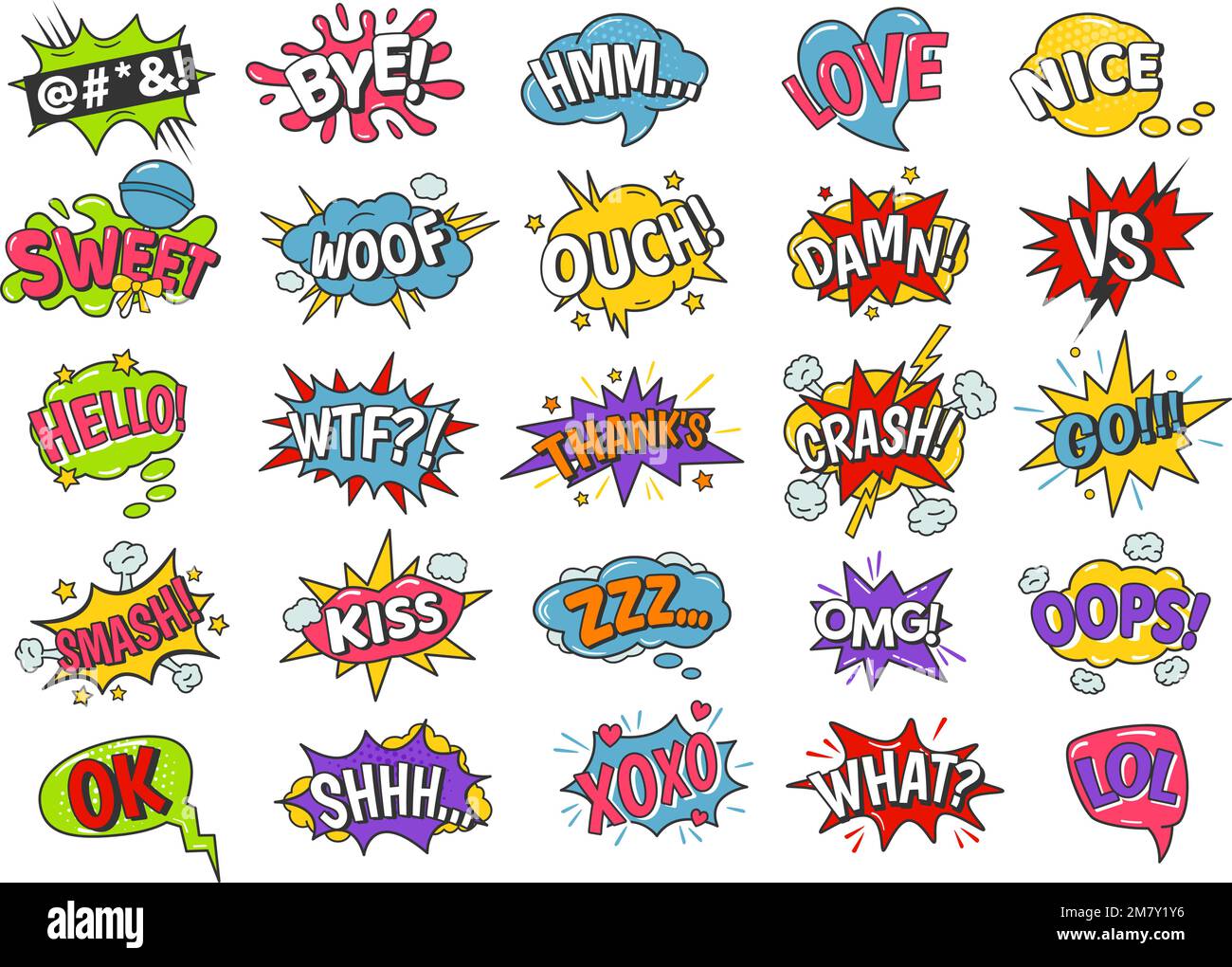Cartoon speech bubbles. Comic book funny sound effects, xoxo kiss, sweet and smash. Omg, lol and love text balloon vector set Stock Vector
