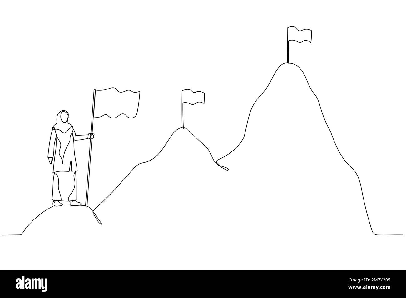 Cartoon of muslim woman enterpreneur climbing up mountains concept of business development. One line art style design Stock Vector