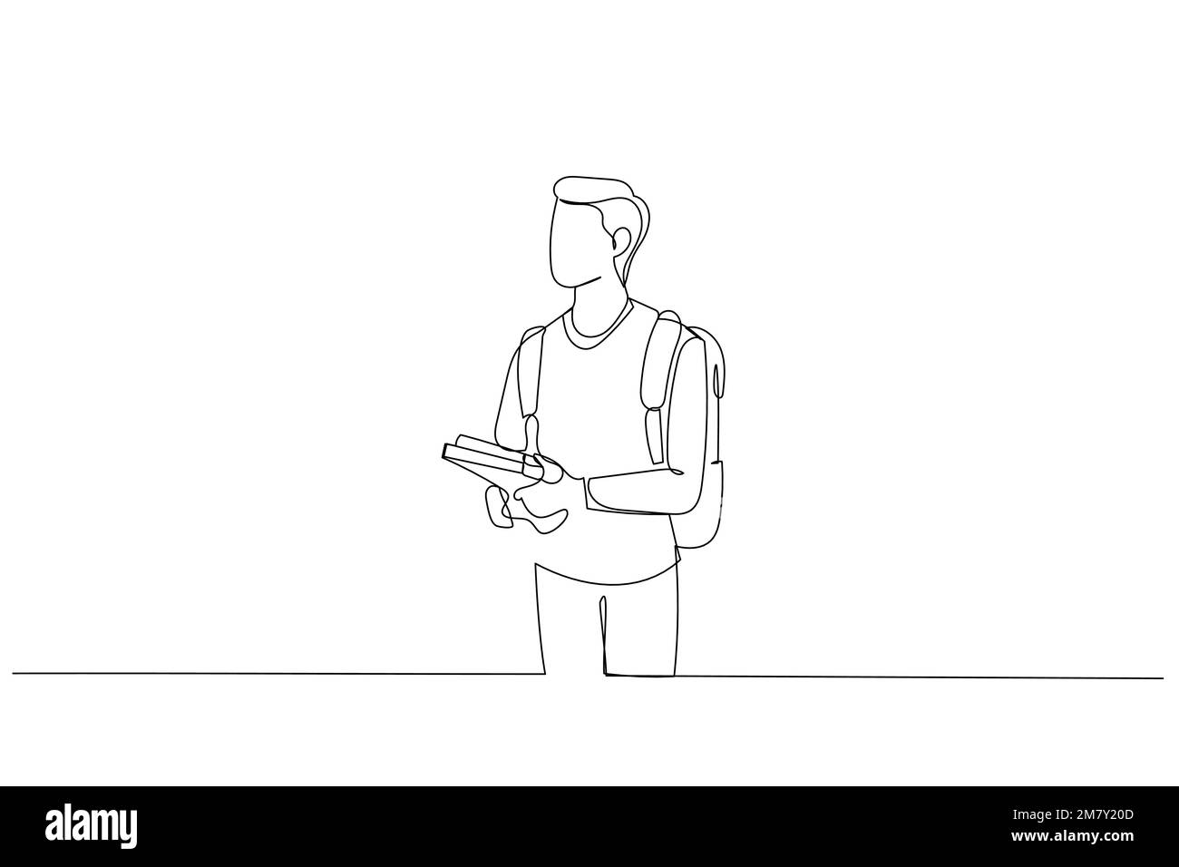 Drawing of young male college student holding books and wear backpack. Single continuous line art style Stock Vector