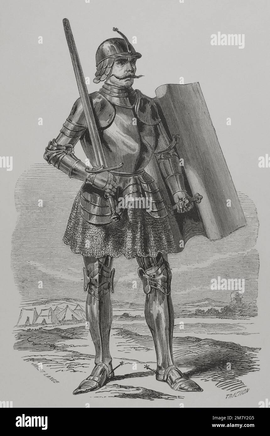 John Hunyadi (1406-1456). Regent of the Kingdom of Hungary (1446-1452). Hunyadi defended Hungary from attempted invasions by the Ottoman Empire. Portrait. Engraving by Janet Lange and Trichon. 'Los Héroes y las Grandezas de la Tierra' (The Heroes and the Grandeurs of the Earth). Volume VI. 1856. Author: Auguste Trichon (1814-1898). French engraver. Janet-Lange (pseudonym of Ange-Louis Janet 1815-1872). French artist. Stock Photo