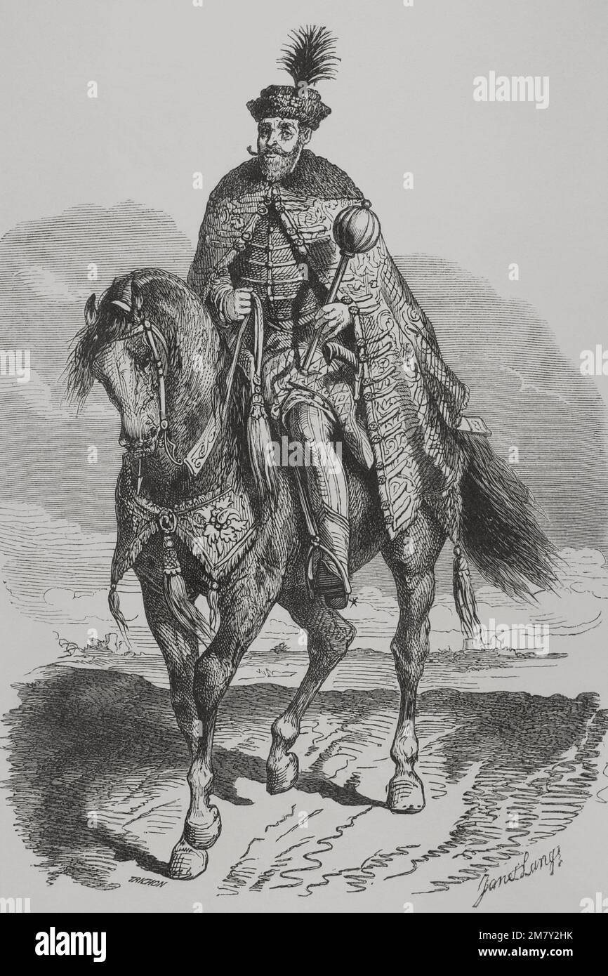 Gabriel Bethlen (1580-1629). Hungarian nobleman. Prince of Transylvania (1613-1629). King-elect of Hungary (1620-1621). Equestrian portrait. Engraving by Trichon and Janet Lange. 'Los Heroes y las Grandezas de la Tierra' (The Heroes and the Grandeurs of the Earth). Volume VI. 1856. Author: Auguste Trichon (1814-1898). French engraver. Janet-Lange (pseudonym of Ange-Louis Janet 1815-1872). French artist. Stock Photo