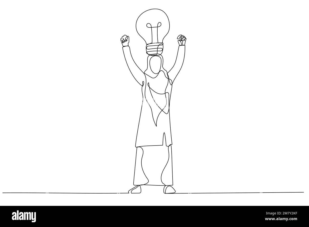 Illustration of bulb head muslim businesswoman. One line art style design Stock Vector