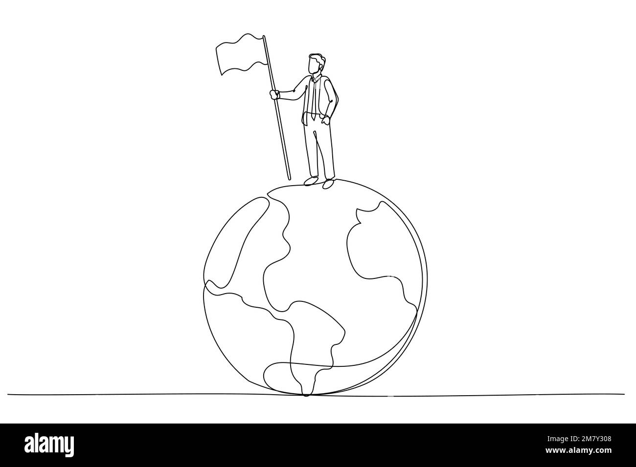 Illustration of businessman climb up ladder holding winning flag on globe winning global business competition. Single line art style design Stock Vector