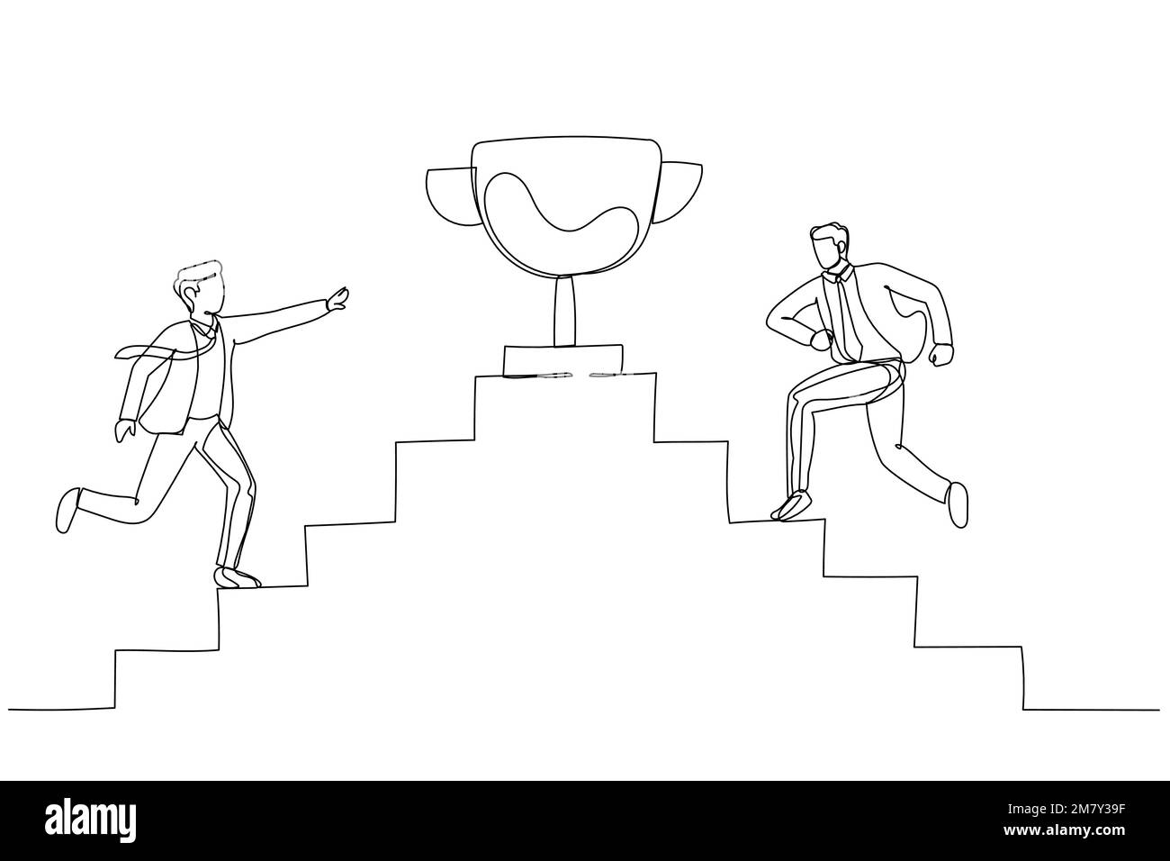 Cartoon of businessman walk up stair compete to win trophy over