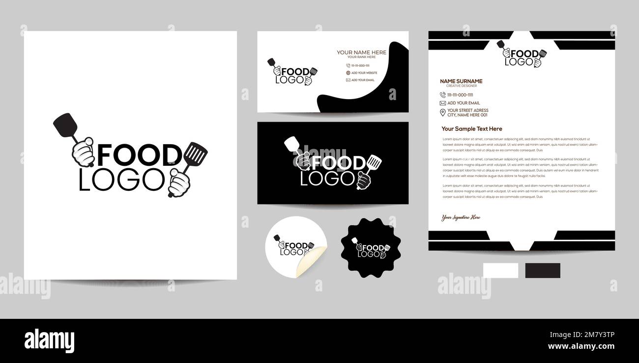 Corporate food logo identity template set. Complete branding logo template with the business card, letterhead, stickers, and color scheme. Simple real Stock Vector