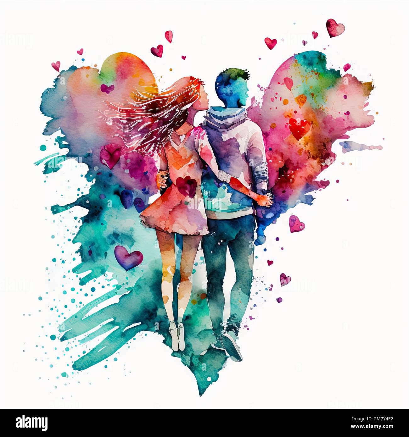 Young love. Watercolor illustration of kissing and hugging couple  surrounded by hearts. Romantic date. Valentine's day card. ai generated.  Couple in l Stock Photo - Alamy