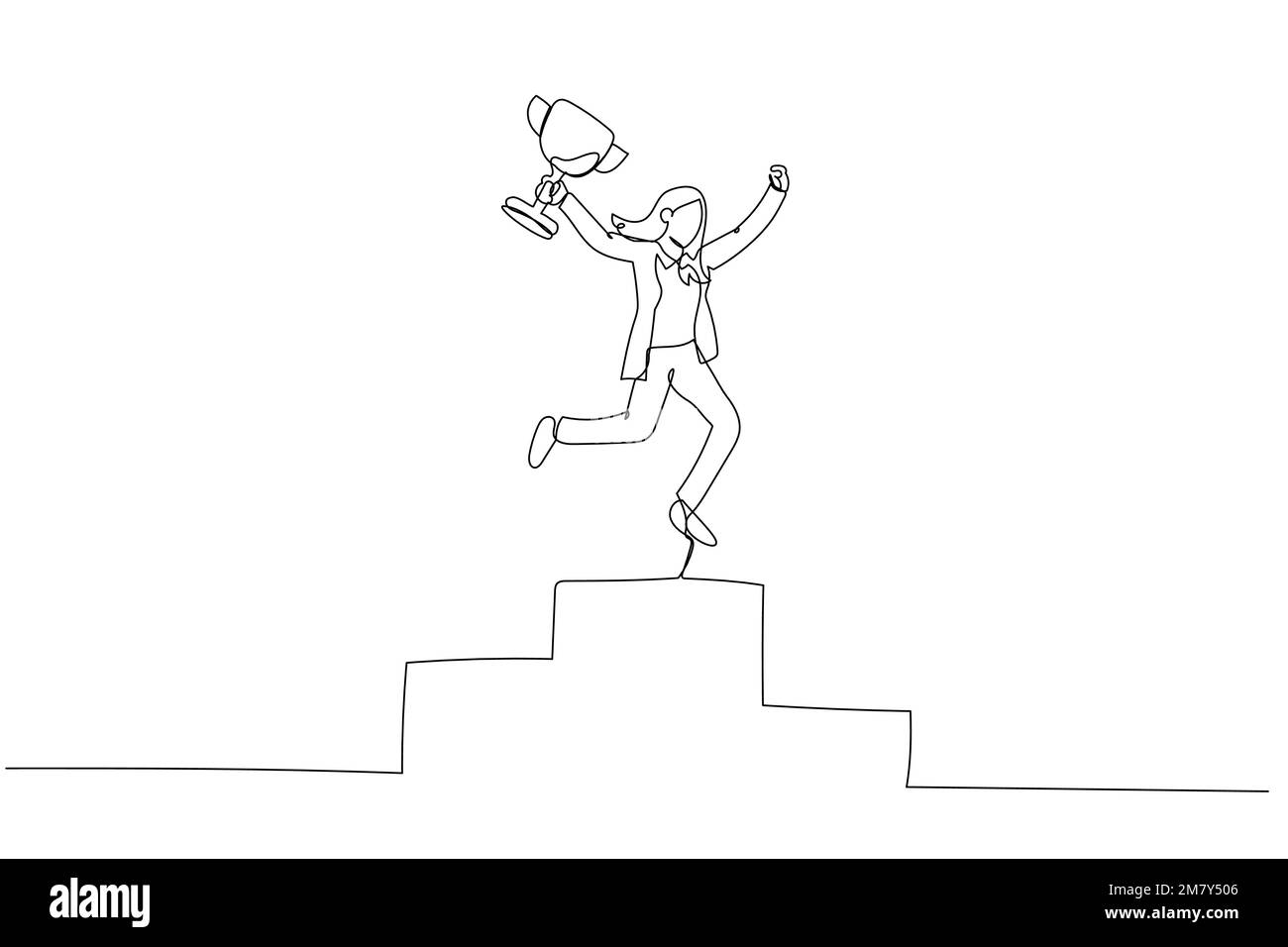 Illustration of businesswoman receive trophy on podium happy first winner. One line style art design Stock Vector
