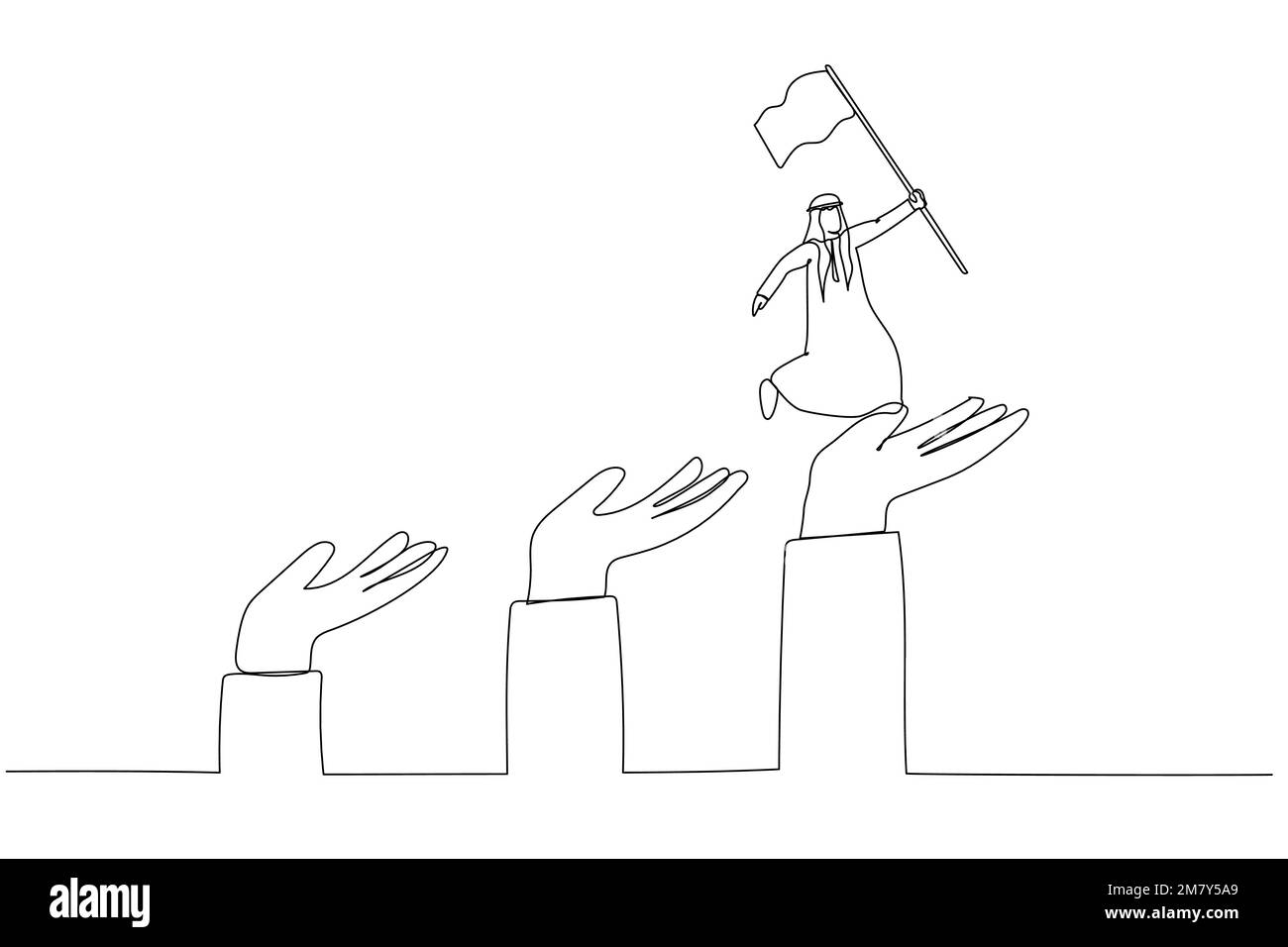 Cartoon of arab man jumping up giant hand growth ladder concept of progress. One line art style design Stock Vector