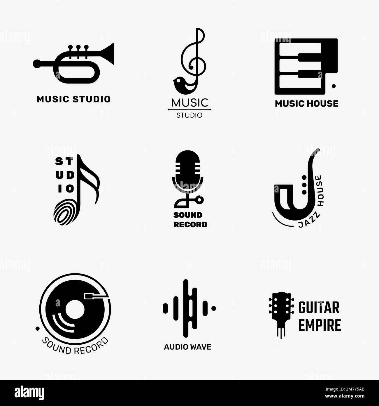 Editable flat music vector logo design set in black and white Stock Vector