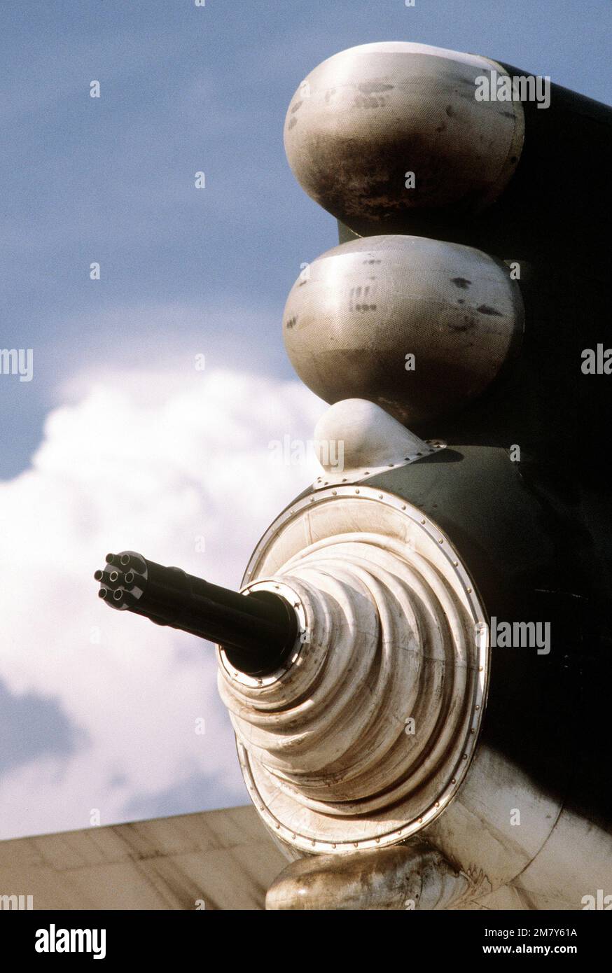 A close-up view of the gatling gun in the tail section of a B-52D Stratofortress aircraft. Base: Carswell Air Force Base State: Texas (TX) Country: United States Of America (USA) Stock Photo