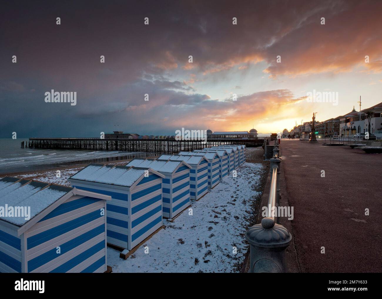 Snow on the Hastings beachfront Stock Photo Alamy