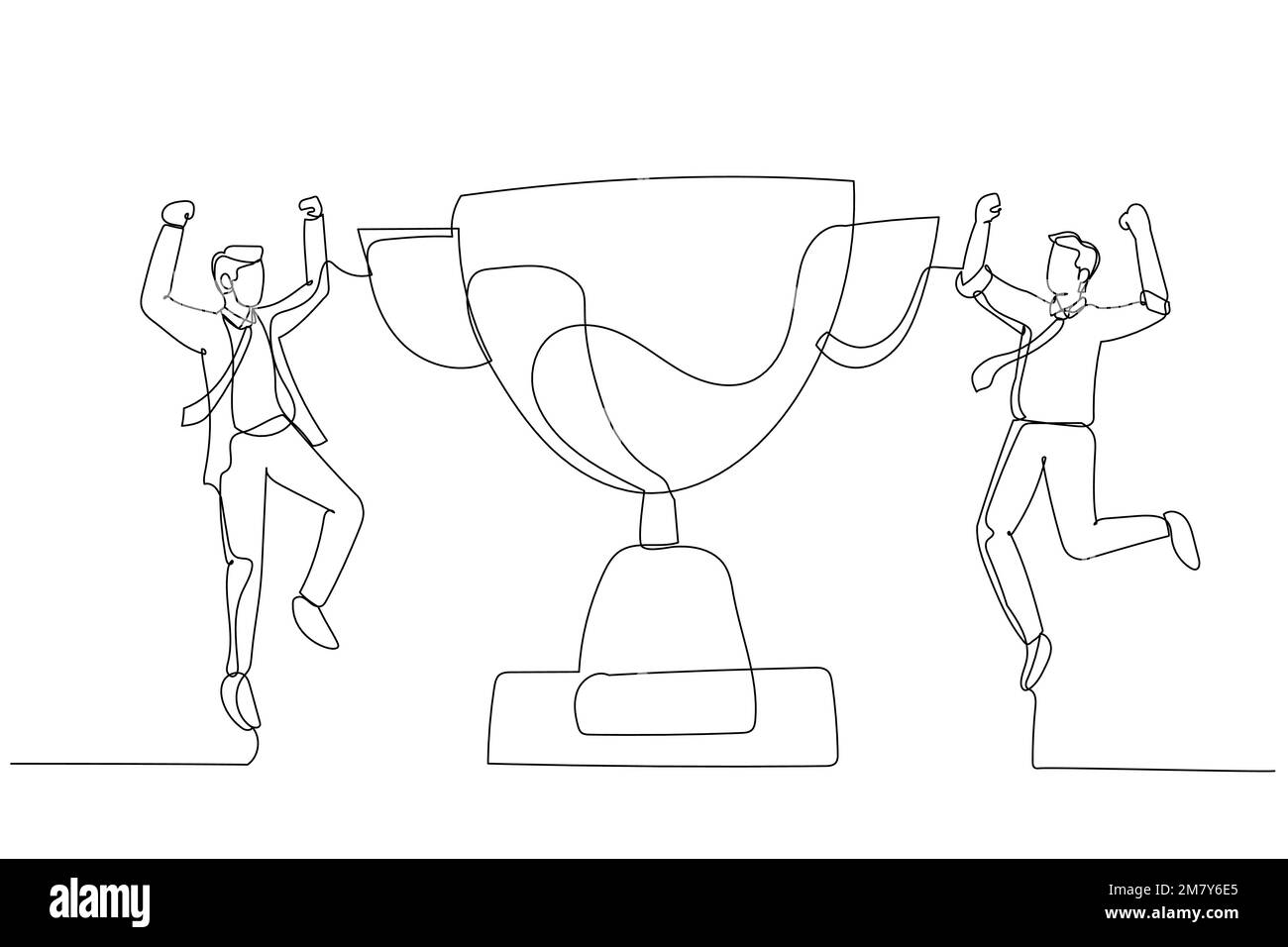 Cartoon of businessman employee jump in the air with trophy cup concept ...