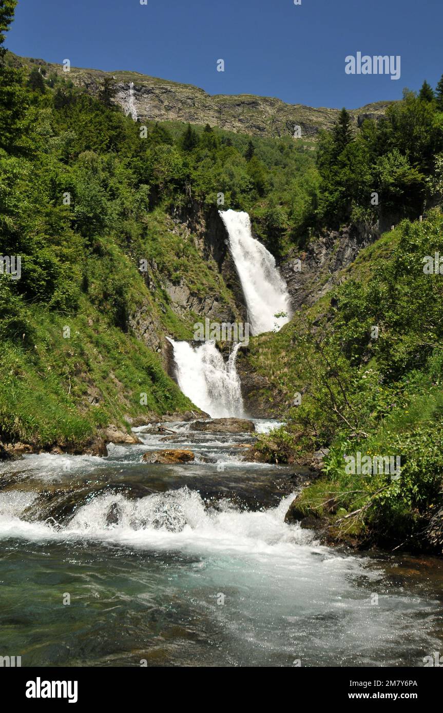 A waterfall in the middle of a lush green forest filled with trees ...