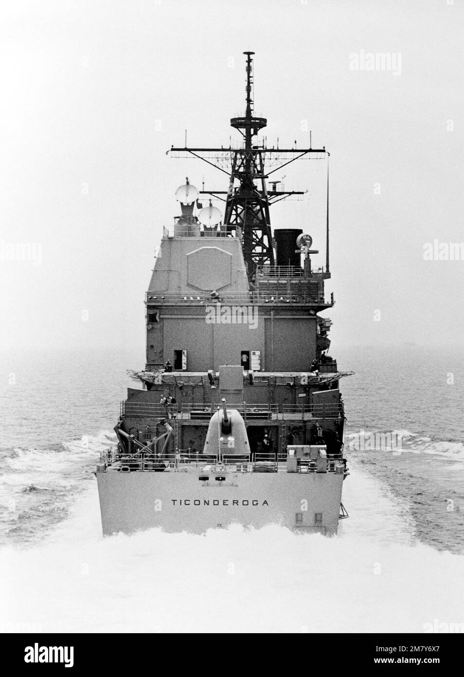 An aerial stern view of the Aegis guided missile cruiser USS