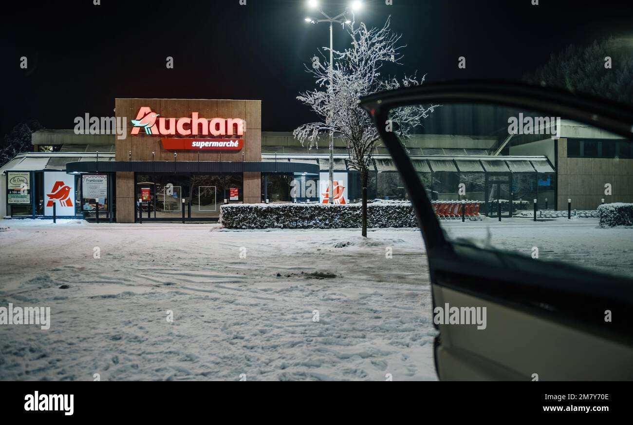 Strasbourg, France Dec 19, 2022 Closed Auchan supermarket late at