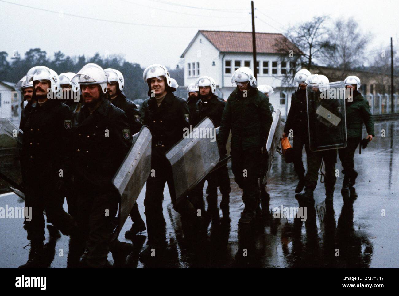 German police prepare to aid in the protection of the base prior to an expected demonstration against NATO'S decision on Dec. 12, 1979, to deploy Pershing II and cruise missiles in Europe unless the Soviet's agree to scrap their nuclear weapons aimed at Western Europe. Base: Rhein-Main Air Base Country: Deutschland / Germany (DEU) Stock Photo
