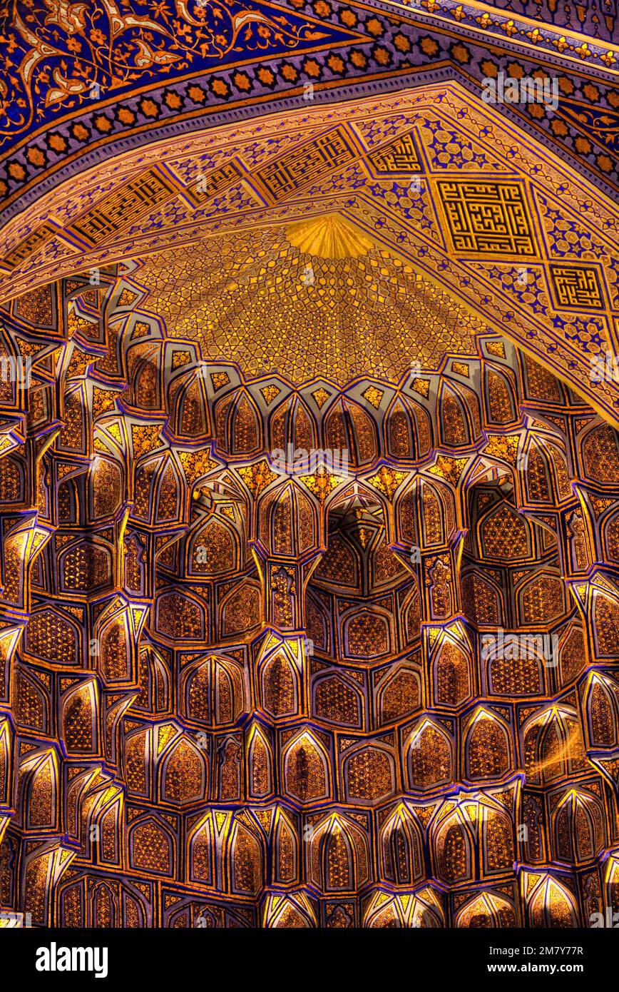 Interior, Muqarnas or Honeycomb Vaulting, Gur-E-Amir Mausoleum, Built 1403, Burial Site of Amir Temir, Samarkand, Uzbekistan Stock Photo