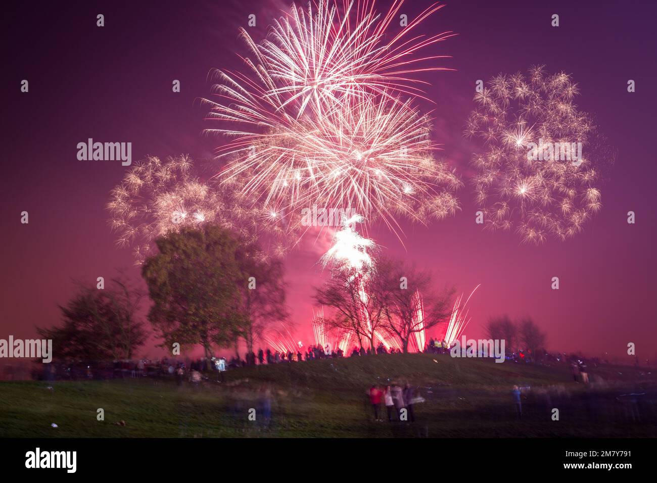 A beautiful shot of exploding colorful fireworks in a night sky over ...