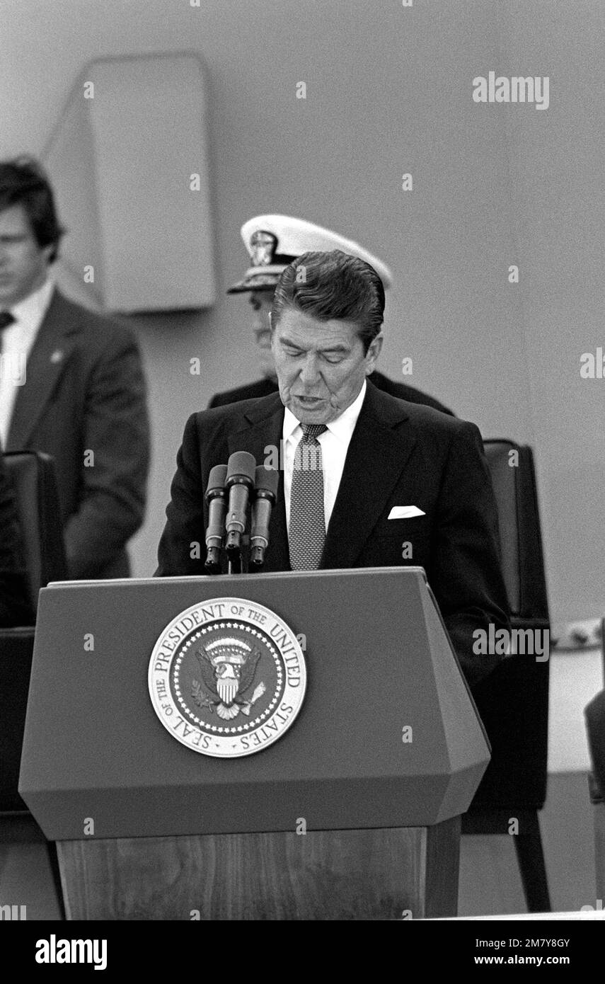 President Ronald Reagan speaks at the battleship USS NEW JERSEY (BB-62