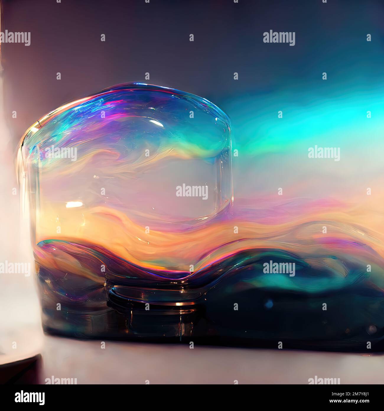Reflections and refractions on the bottom of the iridescent glass, background design produced by Ai, abstract, exquisite, elegant, retro and detailed. Stock Photo