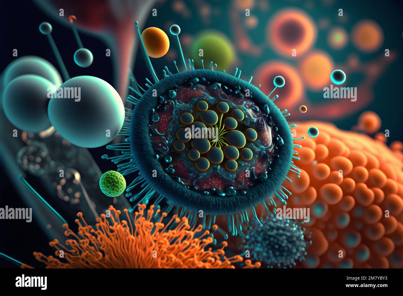 Macro close up shot of bacteria and virus cells in a scientific ...