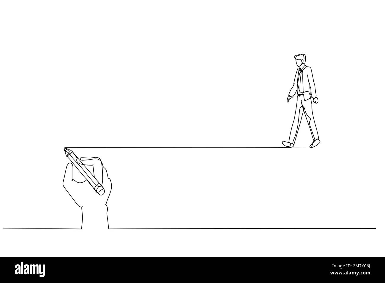 Drawing of businessman walking following on guide line written by man ...