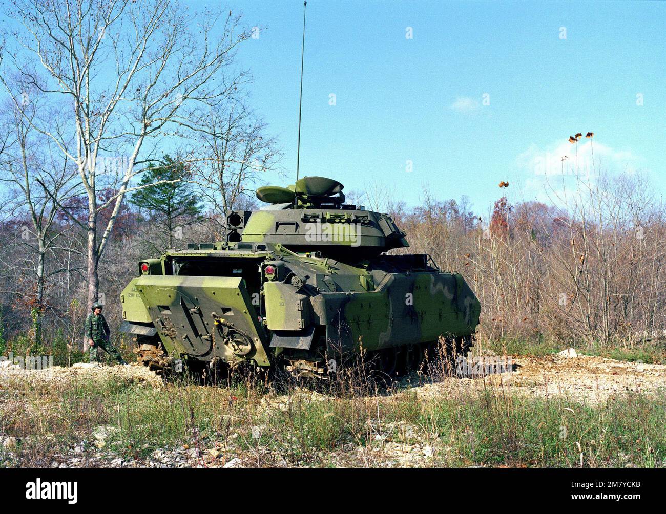 A rear view of an M2 Bradley infantry fighting vehicle, operated by