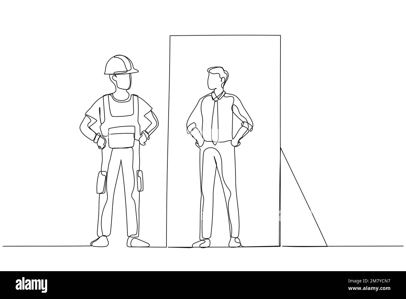 Cartoon of blue collar worker looking into businessman version of self