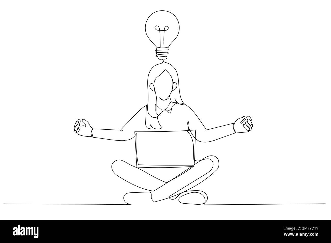 Drawing of yoga businesswoman in total concentration with laptop. Single line art style design Stock Vector