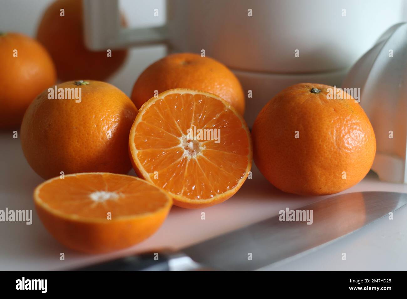 Sliced Malta or Valencia Orange. It is a citrus fruit grown in India, commonly called as sangtra shot along with citrus juicer on a white background. Stock Photo