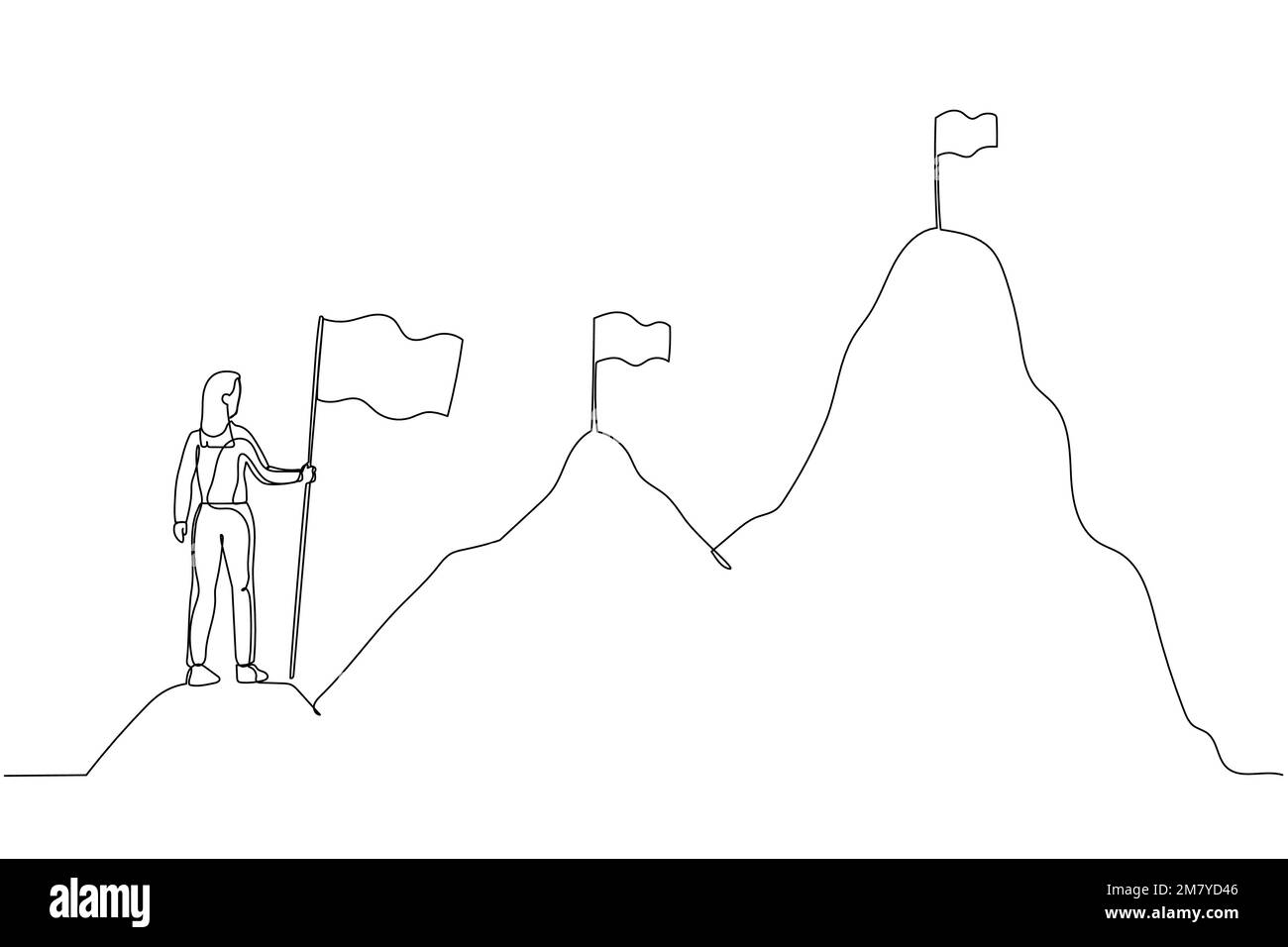 Cartoon of businesswoman climbing up mountains concept of business development. One line art style design Stock Vector