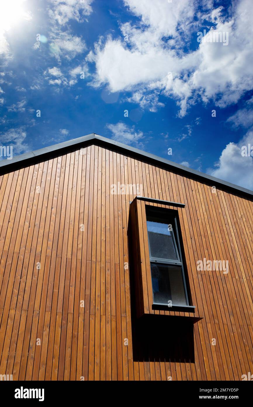 Window Planked Modern vertical window on the facade of the house with wooden plank ...