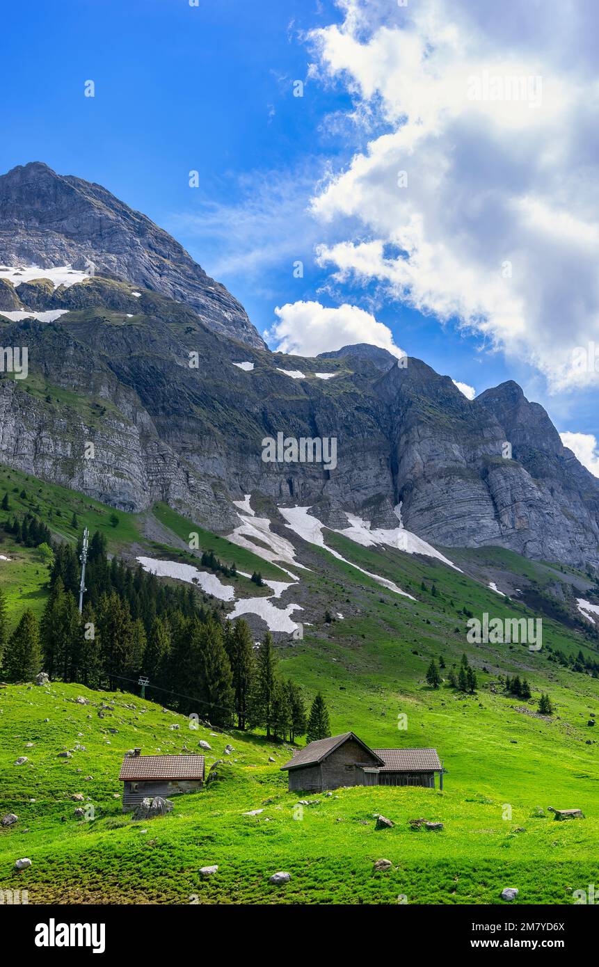 Mountain panorama at the foot of Säntis mountain on the Schwägalp, Appenzell Ausserrhoden, Appenzell Alps, Switzerland. Stock Photo