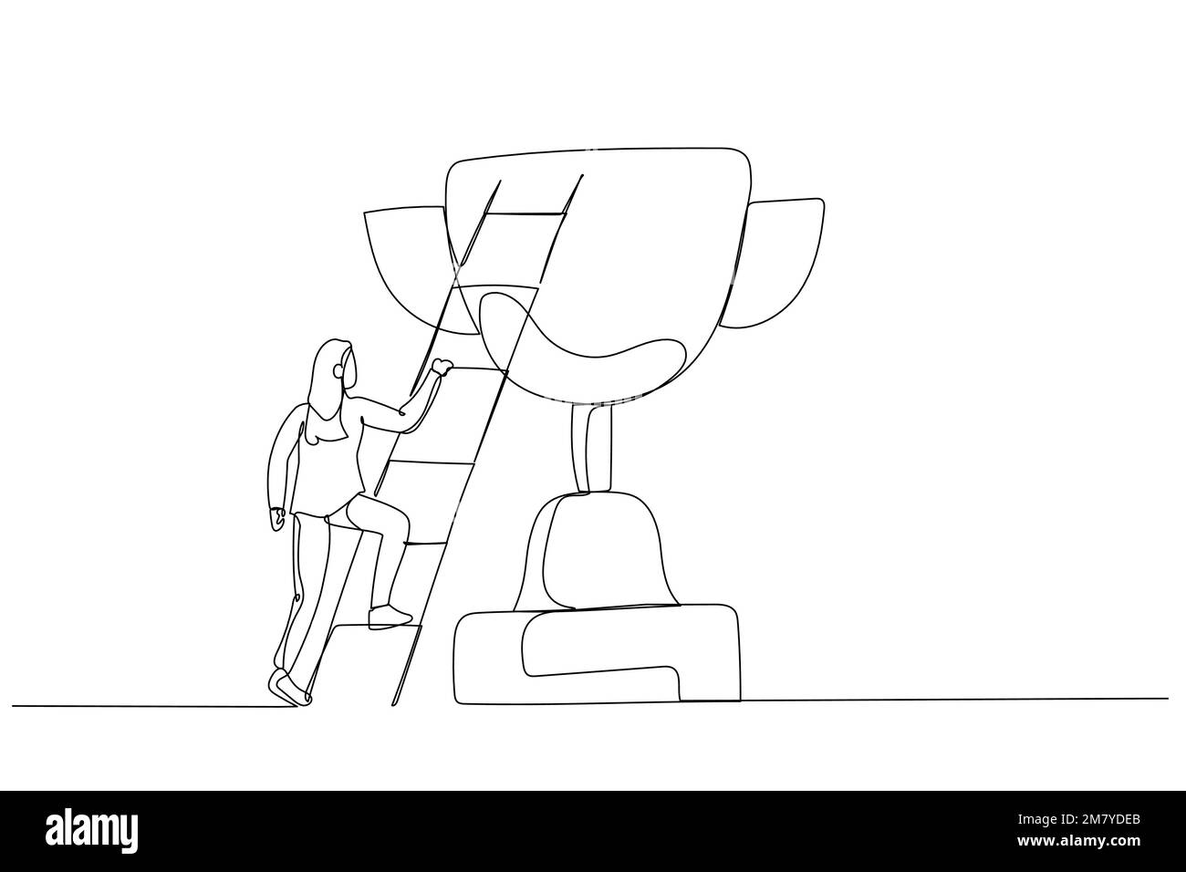Illustration of businesswoman building ladder of success climbing to top of champion trophy cup. One line art style design Stock Vector