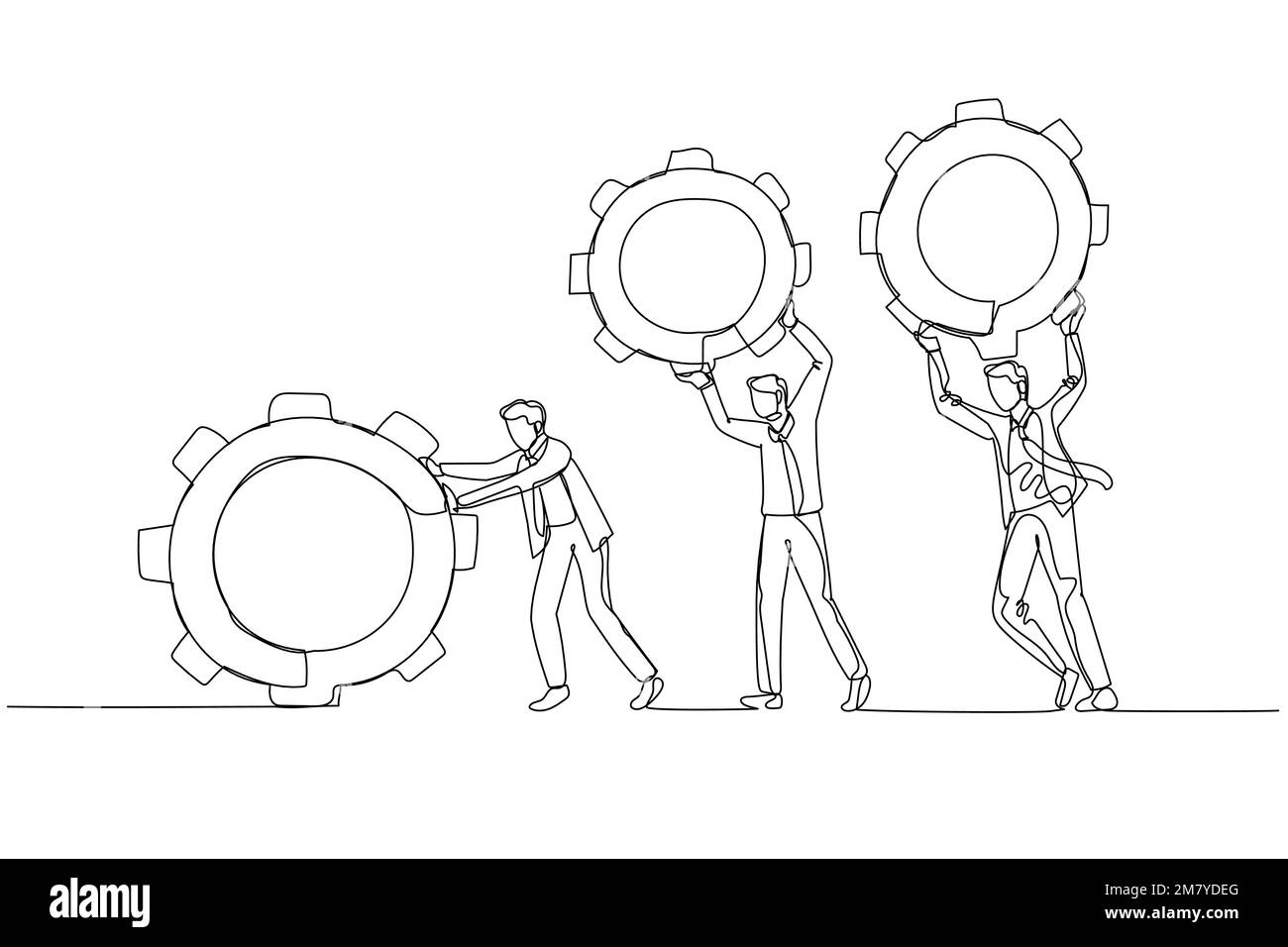 Drawing of businessman and colleague people holding cogwheels gear teamwork make dreamwork organization. Continuous line art style design Stock Vector