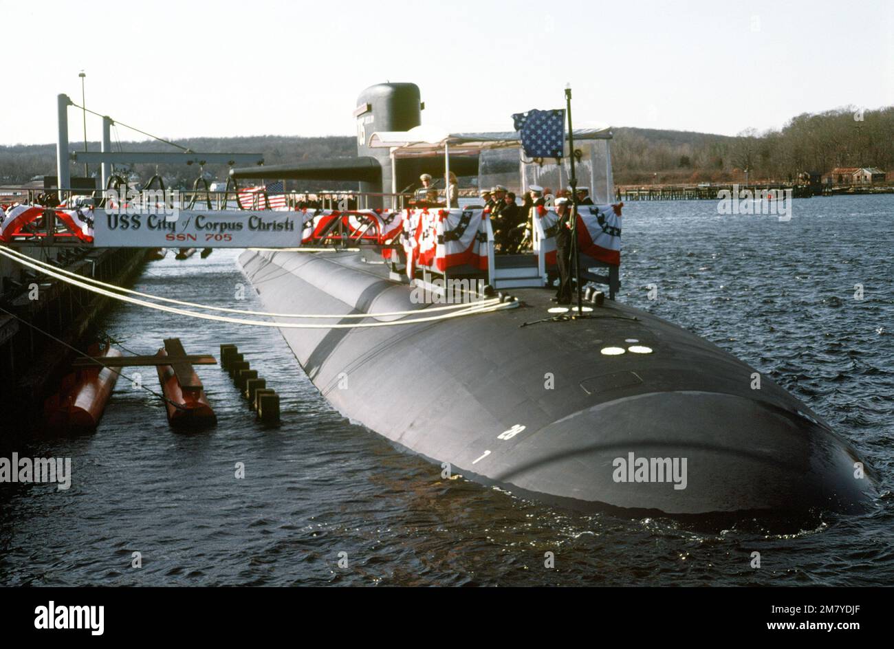 A starboard bow view of the nuclear-powered attack submarine USS 