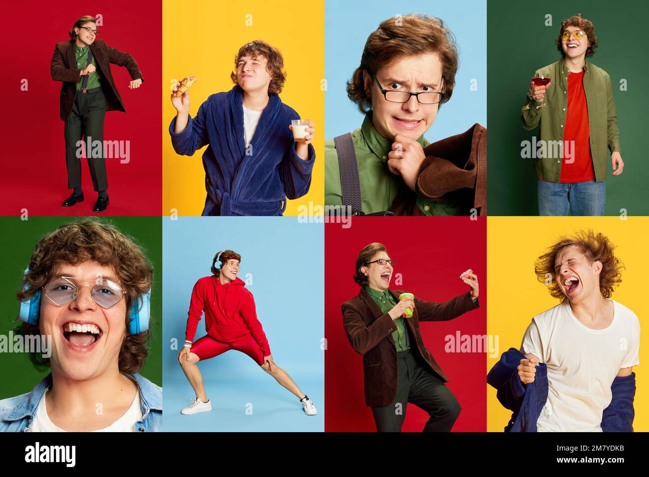 Photo set collage of portraits of emotional young man in diverse ...