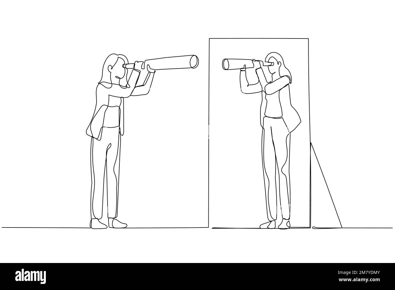 Illustration of business woman holding telescope looking into self in