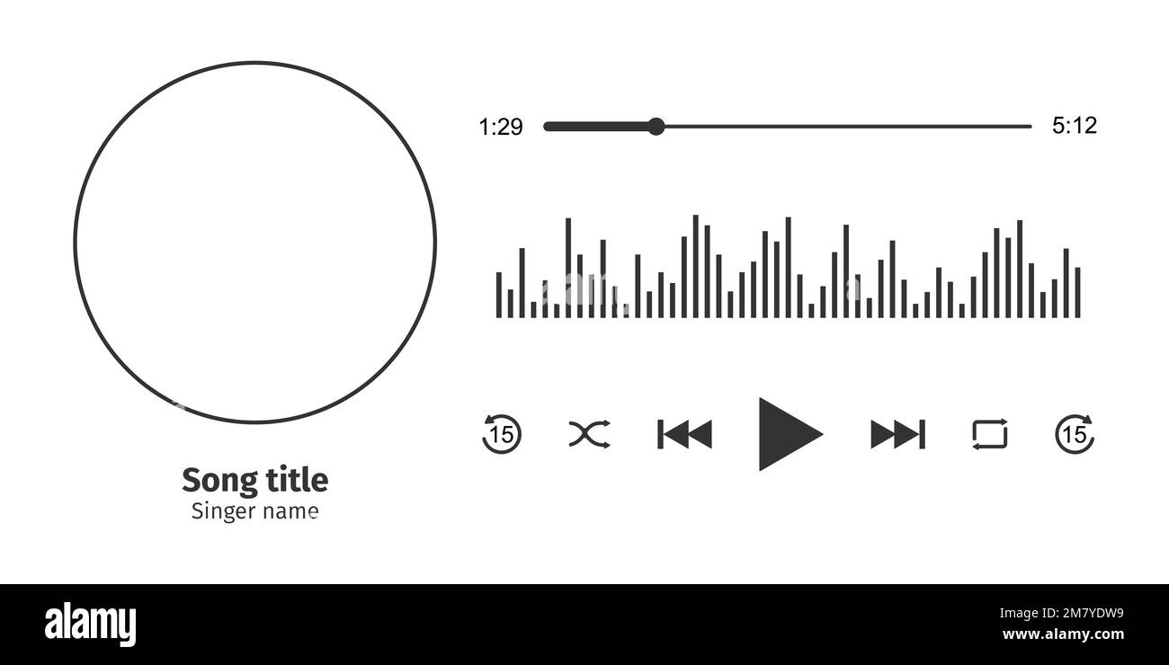 Audio player interface horizontal design with round song photo frame, different buttons, loading progress bar with timer and sound wave. Vector graphic illustration isolated on white background Stock Vector