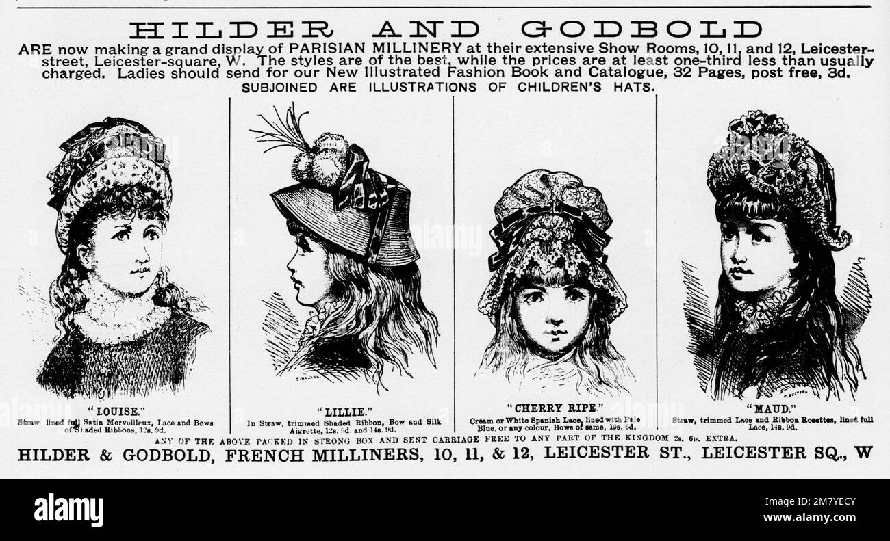Hilder and Godbolt Millinery Victorian Advertising about c1890 Stock Photo