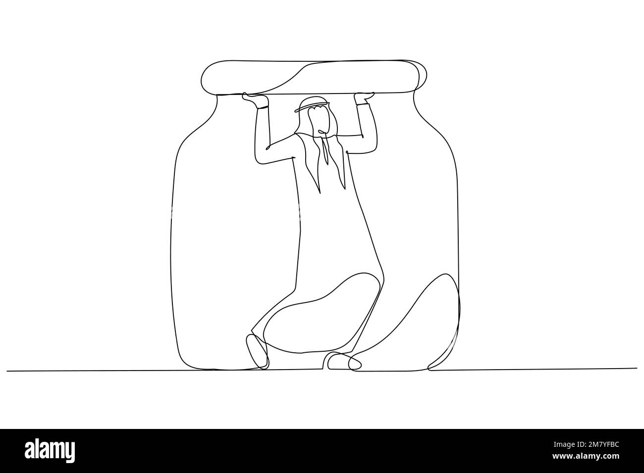 Drawing of arab man trapped in a jar concept of business limitation. Single line art style design Stock Vector