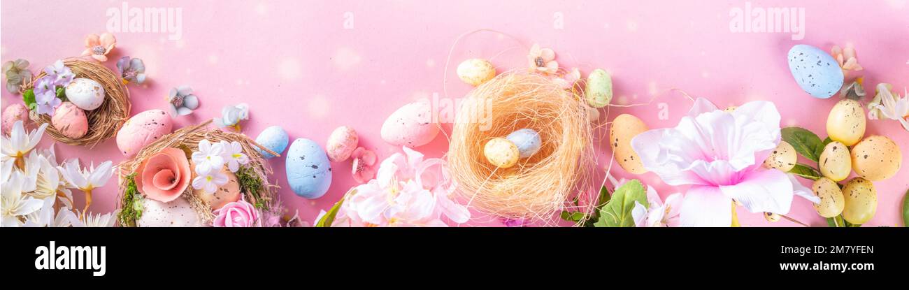 Spring Easter holiday top view flat lay background with eggs in nests ...
