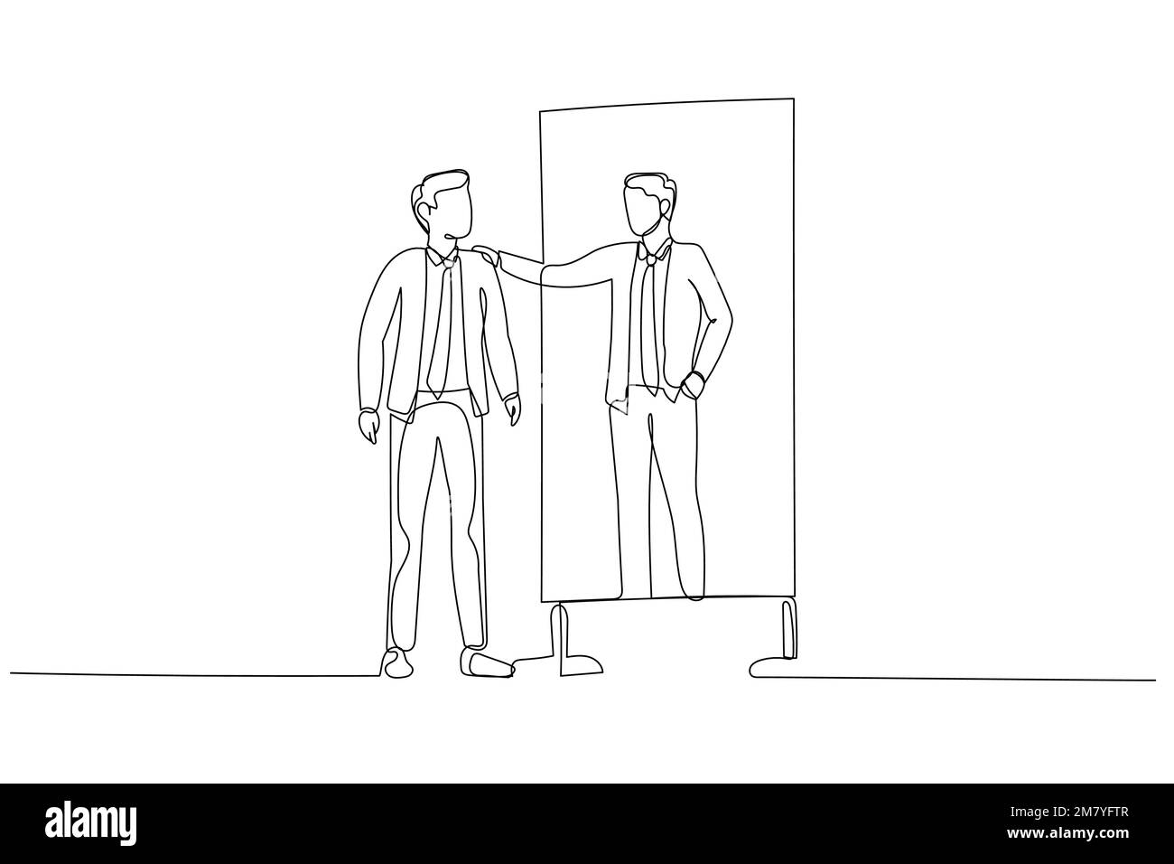 Illustration of businessman looking into mirror embrace self concept of self esteem self care. Single line art style design Stock Vector