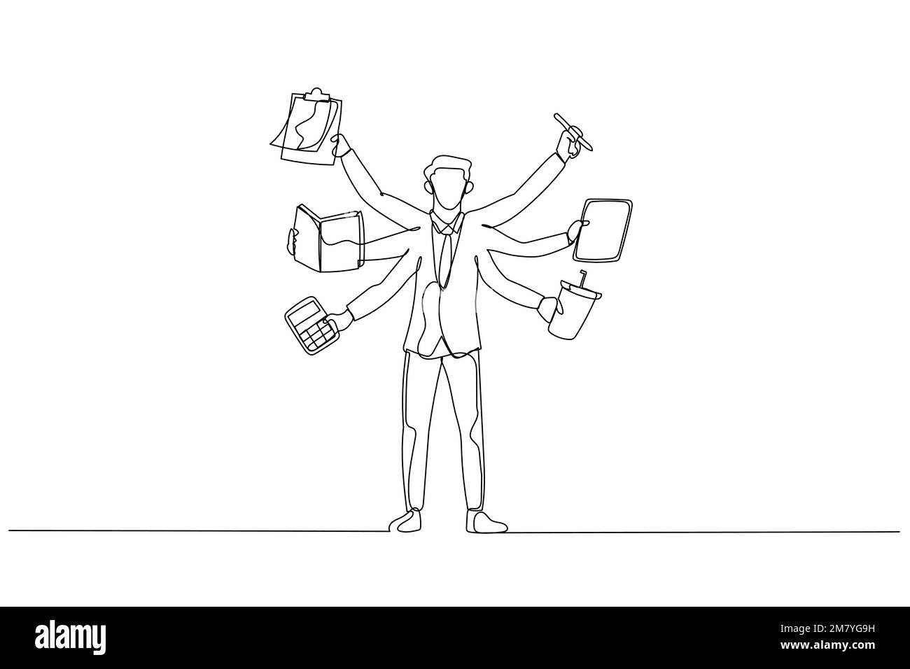 Drawing of businessman with several hand concept of multitasking. Continuous line art style design Stock Vector