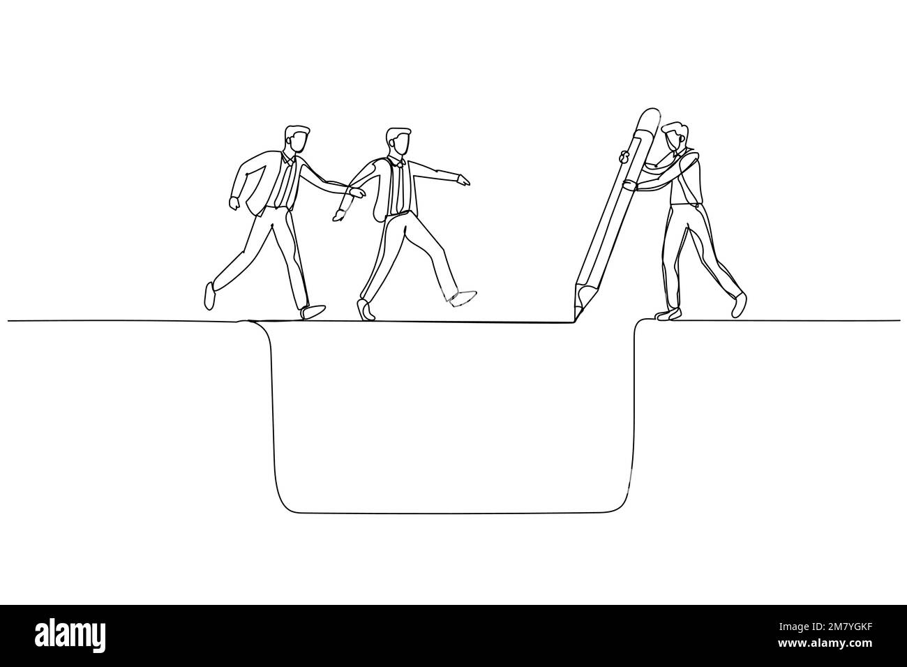 Illustration of businessman manager draw bridge help team cross cliff concept of leadership. Single line art style design Stock Vector
