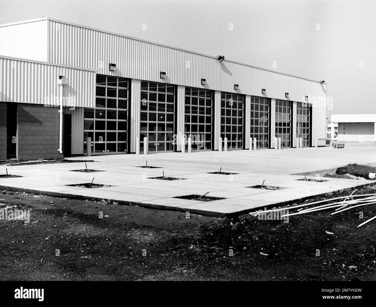 An exterior front view of the new firehouse under construction. Base