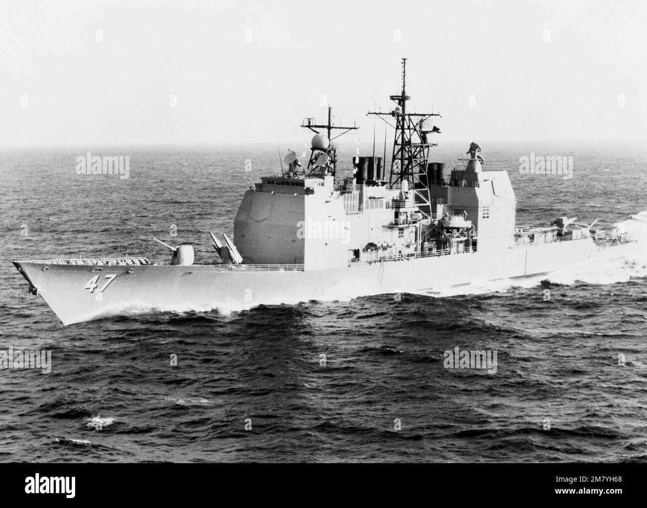 Port bow view of the Aegis guided missile cruiser USS TICONDEROGA (CG