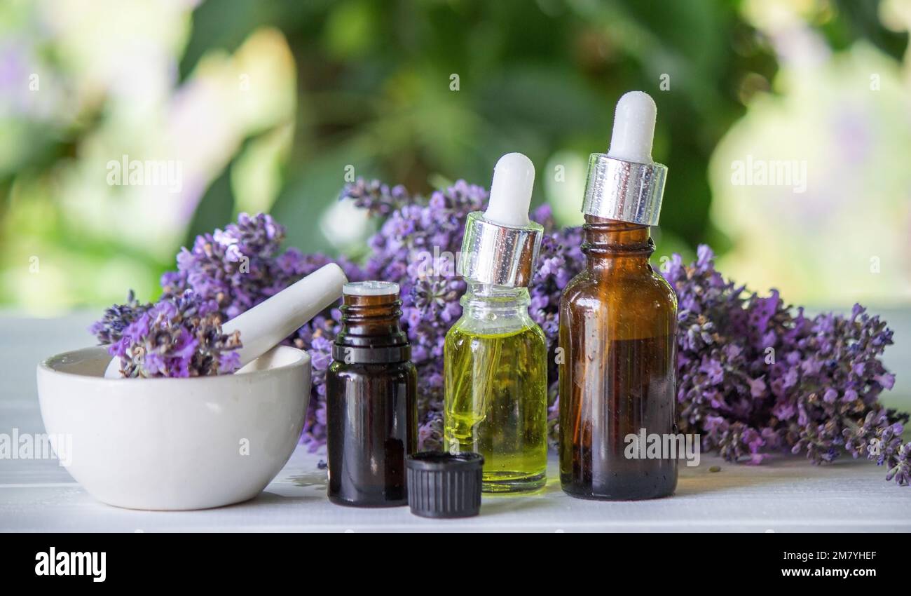 A bottle of essential oil with fresh blooming sprigs of lavender ...