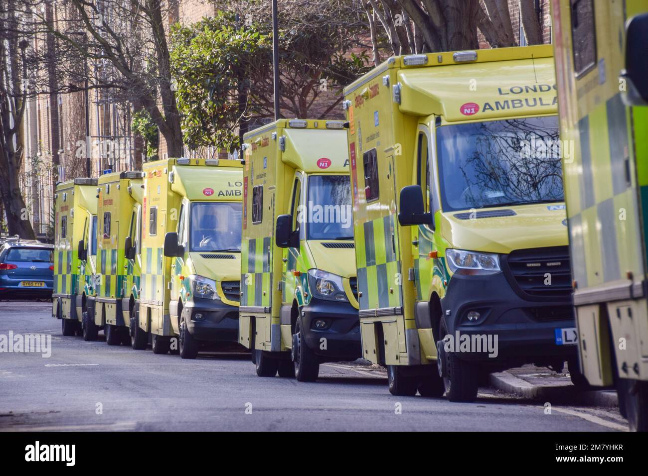 London, UK. 11th January 2023. Ambulance vehicles parked outside the