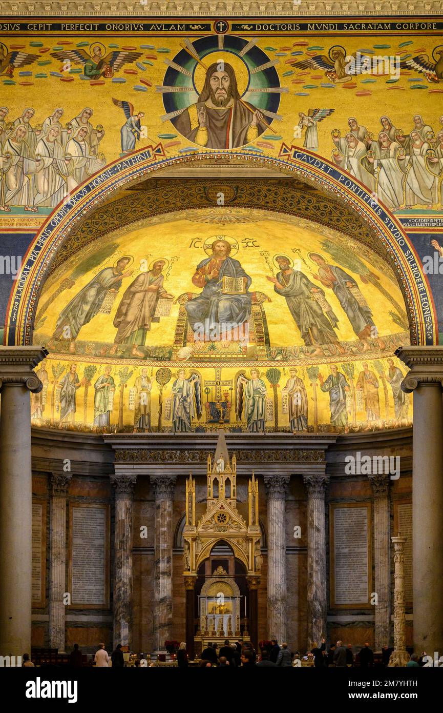 Rome. Italy. Basilica of Saint Paul Outside the Walls (Basilica Papale di San Paolo fuori le Mura). Apse mosaic and triumphal arch. Stock Photo